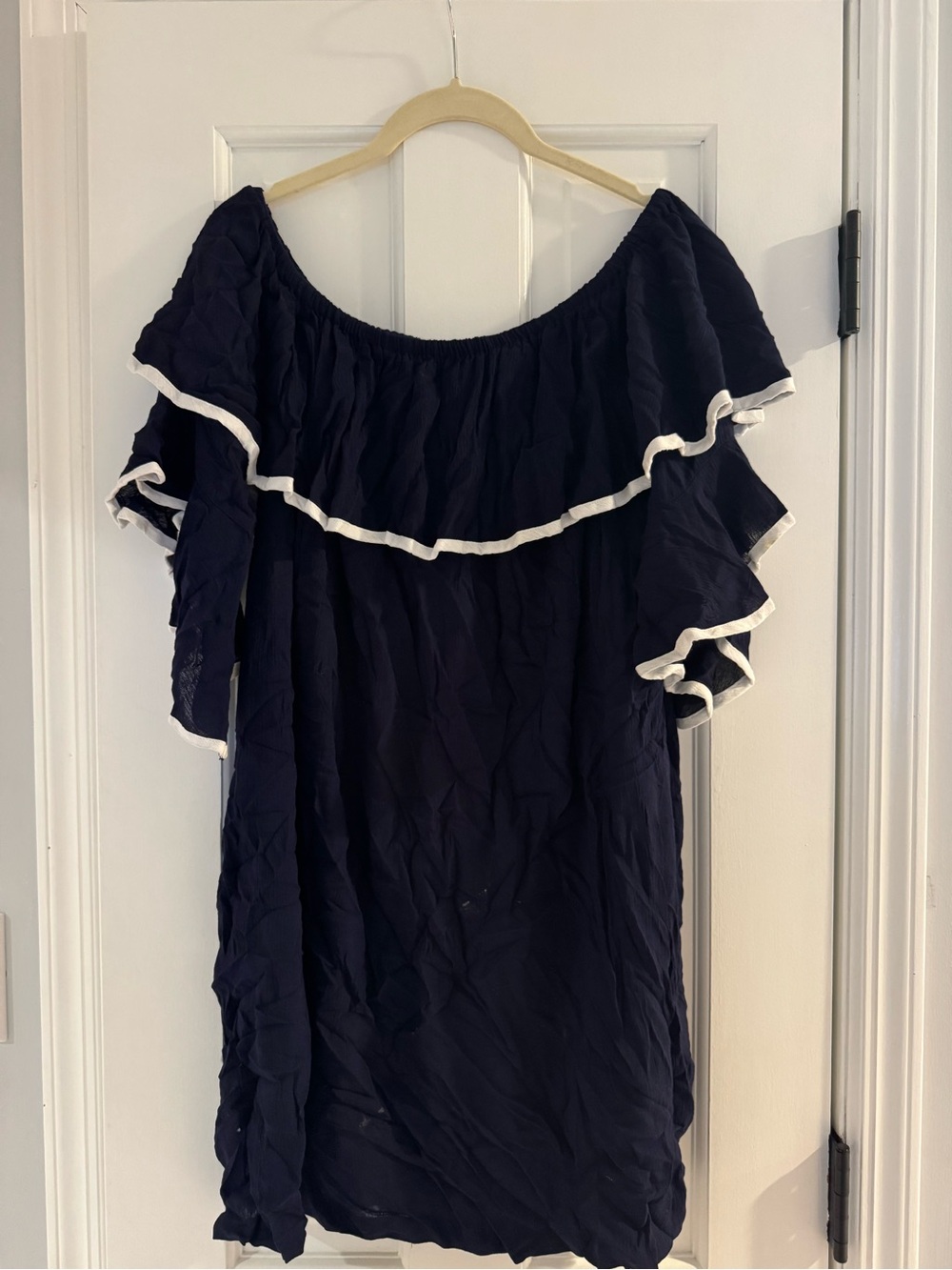 New York & Company Navy Strapless Ruffle Dress with White Trim